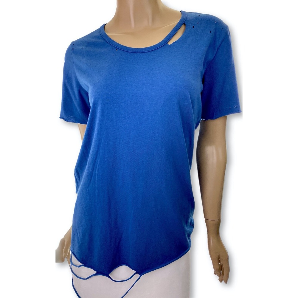 Drifter Blue Short Sleeve Top Blouse Pullover Size S Distressed Cotton